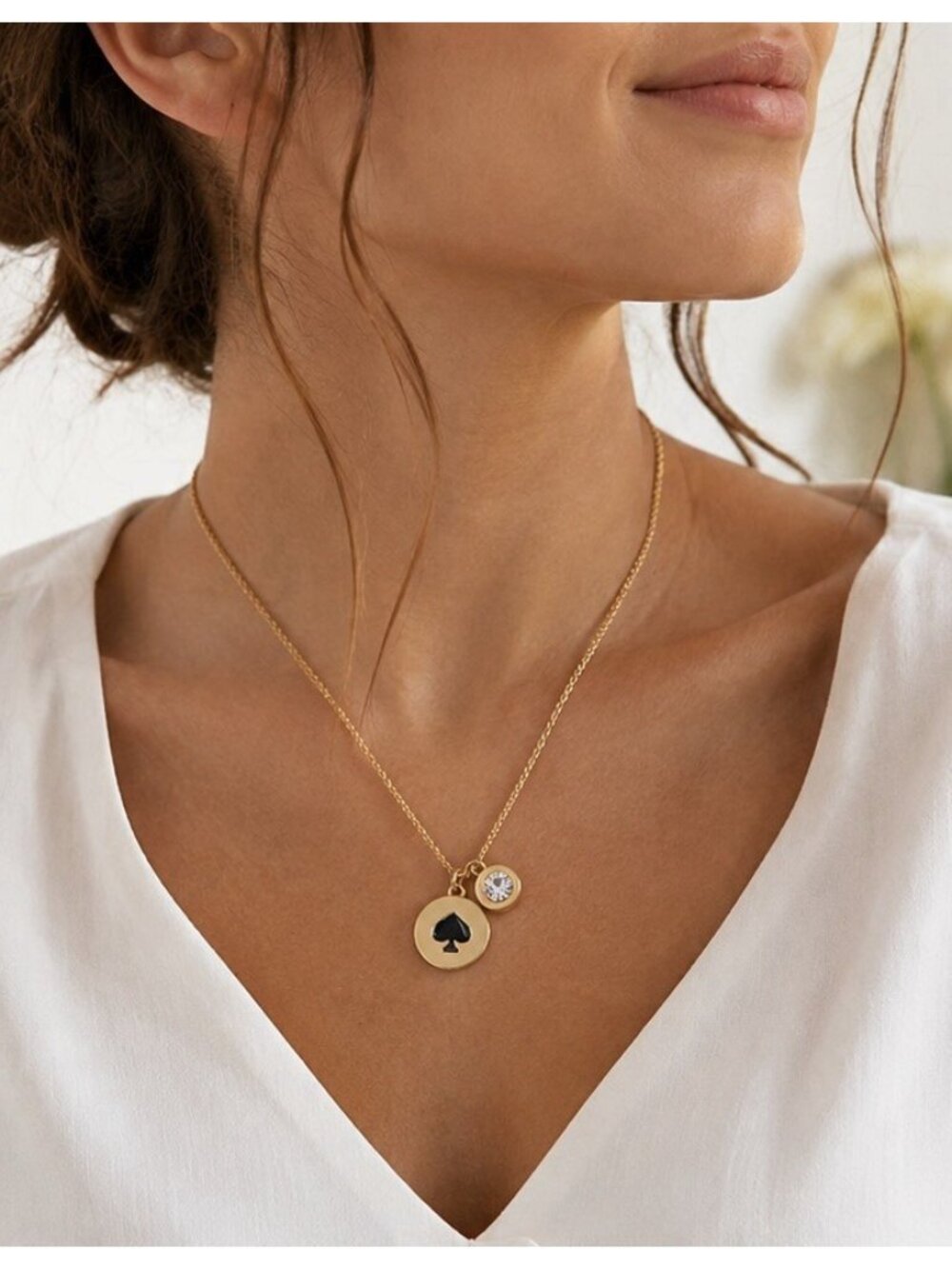 Kate Spade New York Spot the Spade Gold Tone Black Enamel Crystal Charm Necklace